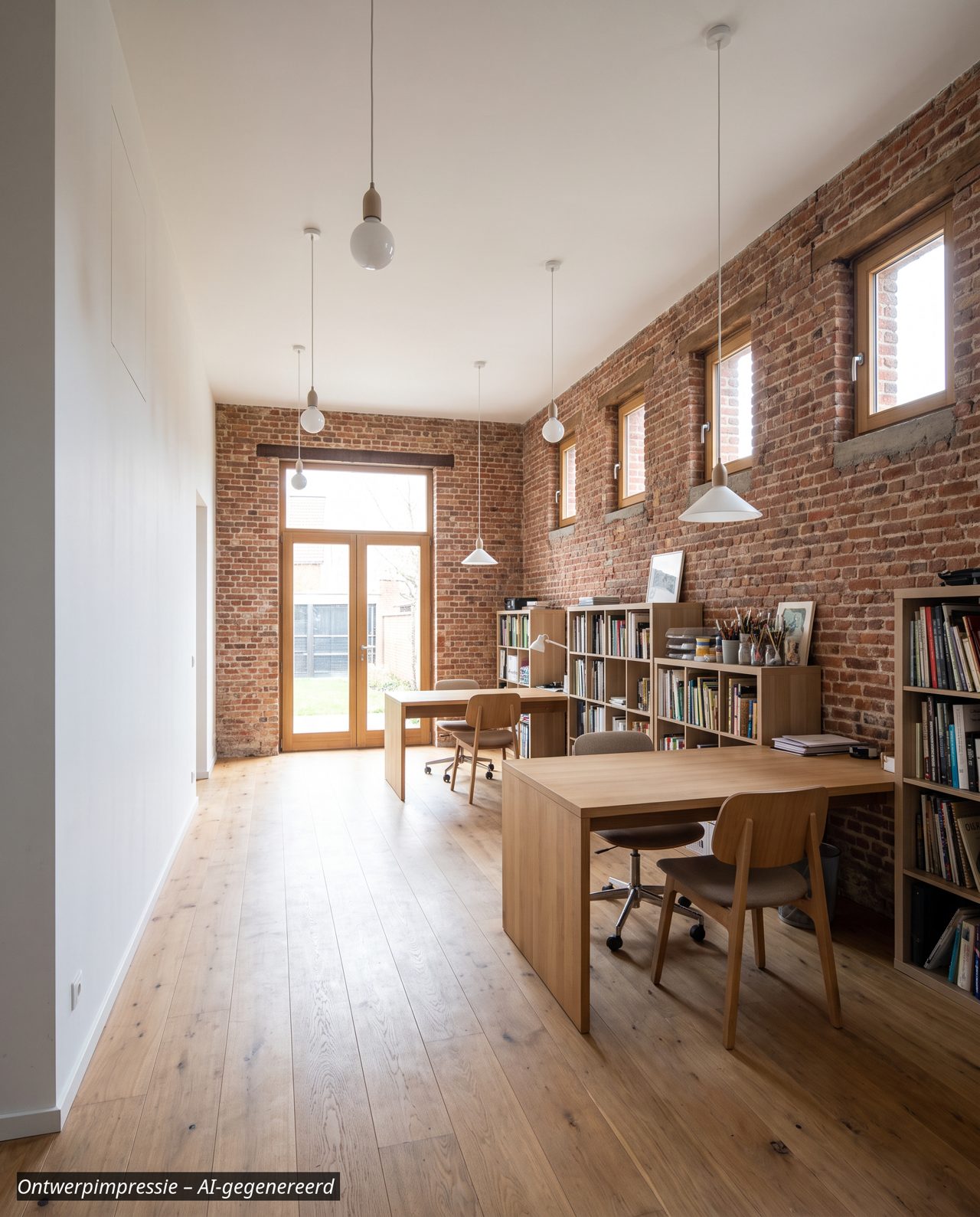 Ontwerpimpressie: lichte kantoorruimte met werktafels en boekenkasten