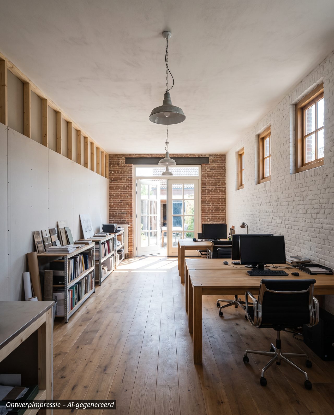 Ontwerpimpressie: kantoor met vier werkplekken